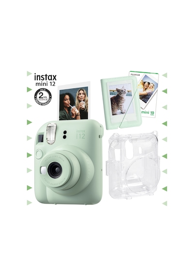 Fujifilm Instax Mini 12 Fotoğraf Makinesi + 10'lu Film + Mini Albüm + Şeffaf Kılıf Seti Yeşil