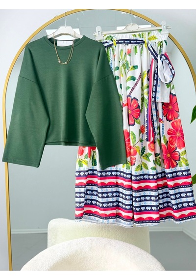 Lovie Moda Basic Bluz Çiçek Desenli Etekli Takım Haki