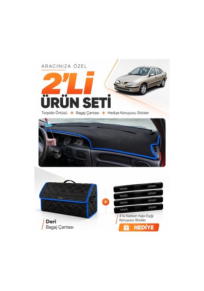 E-biz Renault Megane 1 1995-2003 Uyumlu Torpido Örtüsü + Deri Bagaj Çantası - Siyah-mavi - Re038