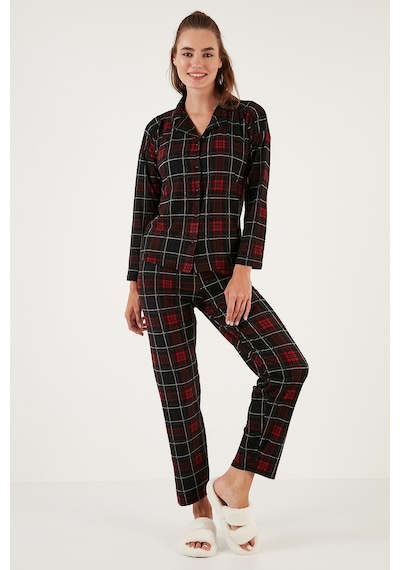 Lela Desenli Beli Lastikli Gömlek Yaka Dokuma Bayan Pijama Takımı 6095660W4 Antrasit-Kırmızı