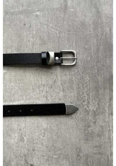 Erkek Vintage Ucu Metal Detaylı Deri Kemer Siyah