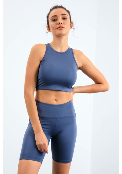 Tommylife Petrol Yüksek Bel Toparlayıcı Dar Kalıp Crop Biker Kadın Tayt Takım - 95302