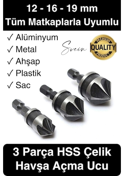 A Kalite 3 Parça Premium Havşa Açma Matkap Ucu Seti Hss Bits Uçlu Paslanmaz Çelik Kalın 12-16-19 Mm