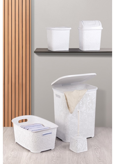 Dantel Desen 5 Parça Banyo Seti Kirli Sepeti Çamaşır Selesi Deterjanlık Wc Fırça Çeyiz Seti Beyaz