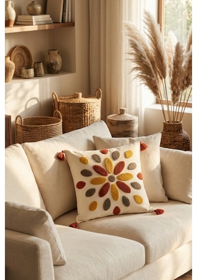 Güneş Damlası Renkli Damla Motifli Punch Nakışlı Püsküllü Pamuk Kırlent Kılıfı 42x42 Cm Kiremit