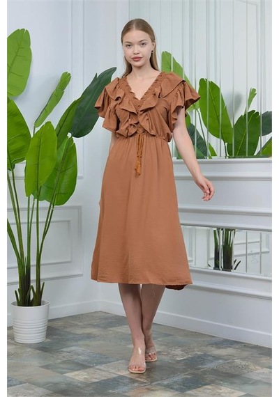 Neşeli Butik Kadın Yaka Ve Kolları Fırfırlı Bağlama Detaylı Ayrobin Elbise Nb10050 Taba