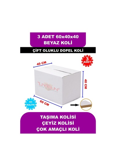 3 Adet 60x40x40 Beyaz Çeyiz Kolisi, Taşıma Kolisi, Boş Karton Koli, Çift Oluklu
