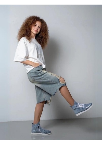 Kız Çocuk Yırtık Denim Kot Şort-15784 Mavi