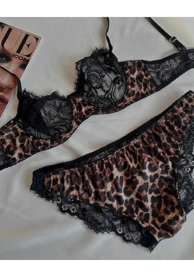 Leopar Tül Dantel Tanga Bodysuit Ve Leopar Dantel Detaylı Sütyen Takımı