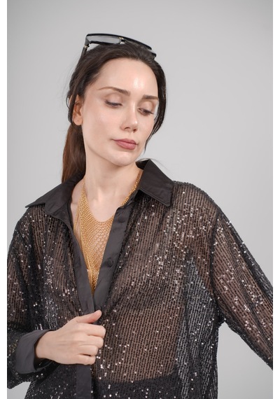Mayrem Oversize Kesim Pul Payet Gömlek SİYAH