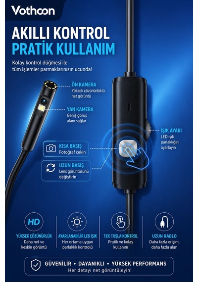 5 Metre Çift Kameralı İos/android Uyumlu Yılan Endoskop Kamera 8mm 2mp Led Li Sert Kablo Çok Renkli