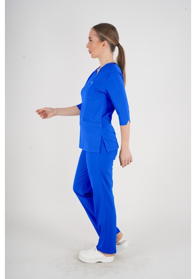 Unisex Saks Mavi Violet Model Scrubs Takım Doktor Hemşire Üniforması Saks Mavi