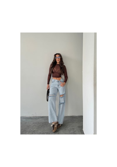 Blue Marlın Çift Diz Lazer Yırtık Boyfriend Bol Paça Jeans Taş