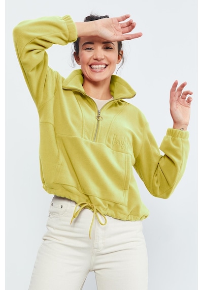 Tommy Life Limon Yarım Fermuar Etek Ucu Büzgülü Kadın Polar Oversize Sweatshirt - 97171 Limon Sarısı