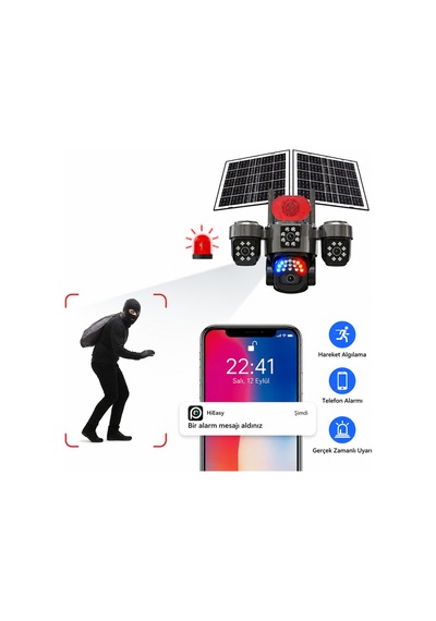20mp 4 Kameralı 4g Solar Güvenlik Kamerası 360 Görüş, 12x Zoom, Gece Görüşü, Çift Solar Panel, Siren, Sesli Konuşma, Sım Kartlı, Aov Akıllı Kamera