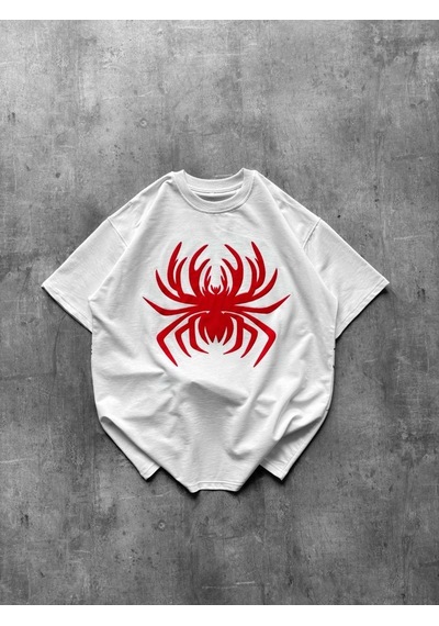 Kadın Örümcek Baskılı Tişört Kısa Kollu Bisiklet Yaka T-shirt - Beyaz Çok Renkli