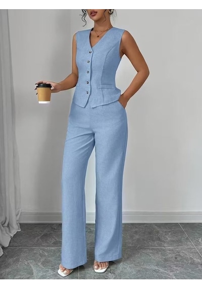 Buğrahayalin Kadın Askılı Önden Düğmeli Bluz Ve Pantolon Keten Ikili Takım Mavi