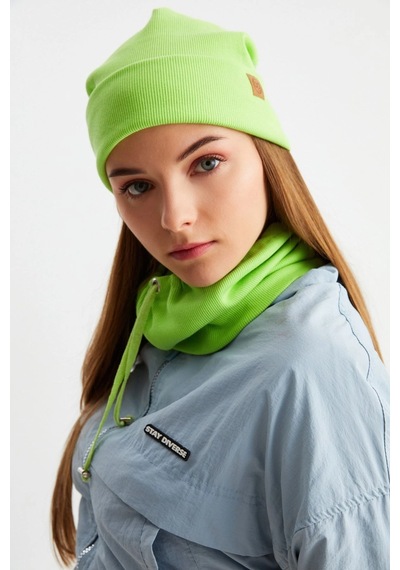 Butikgiz Kadın Balıkçı Style Pamuklu Kaşkorse Terletmez Ultra Hafif Yumuşak Bere Boyunluk Takım Fıstık Yeşili