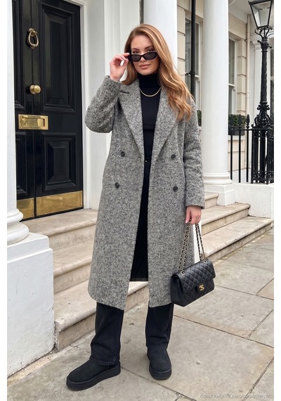 Lela Oversize Fit Mono Yaka Düğmeli Buklet Uzun Kaşe Kaban Kadın Kaban 6811997 Antrasit