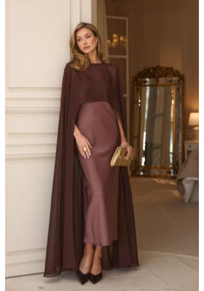 Ezni Atelier Şifon Gelin Pelerini 145 Cm Transparan Gelinlik Pelerini Uzun Gelin Pelerini Zarif Düğün Pelerini Kahverengi