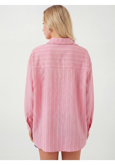 Bigdart Kadın Çizgili Oversize Gömlek 20293 - Pembe
