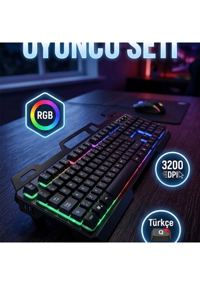 Rgb Işıklı Oyuncu Klavye Ve Mouse Seti Türkçe Q, 3200 Dpı, Usb Bağlantı