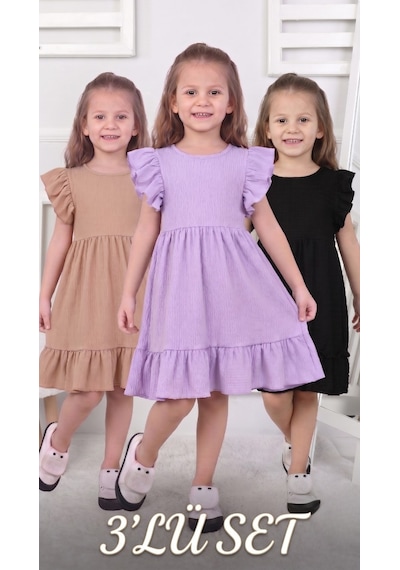 New Kids 3 Lü Set Kız Çocuk Elbise 3 Adet Yeni Sezon Yazlık -91205 Çok Renkli