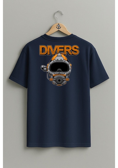 Oversize Divers Dalgıç Başlığı Cep Ve Sırt Tasarımlı Unisex T-shirt Lacivert