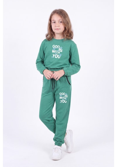 Fyk Kids 2'li Kız Çocuk Bisiklet Yaka Kısa Kesim Baskılı Çift Cepli 4 Parça Eşofman Takımı Yeşil-fuşya
