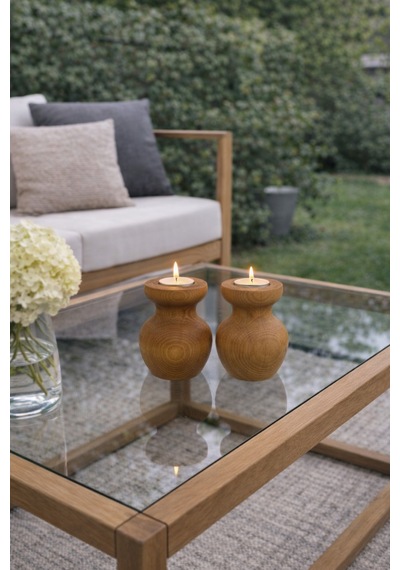 2 Li Büyük Nar Model Tealight Ahşap Şamdan Seti Dekoratif Şamdan
