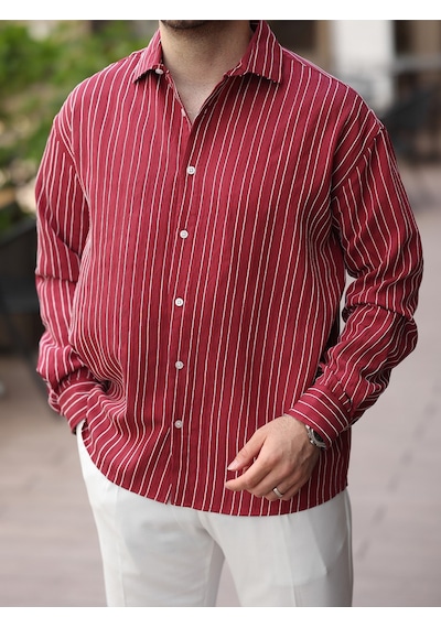 Yeni Sezon Eşref Tek Hafif Oversize Uzun Kollu Likralı Ütü İstemez Trend Çizgili Gömlek Bordo Çzgl Yeni Sezon Eşref Tek Hafif Oversize Uzun Kollu Likralı Ütü İstemez Trend Çizgili Gömlek Bordo Çzgl
