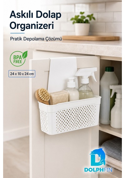 Askılı Dolap Organizeri 24x10x24 Cm Beyaz Pp Kapak Arkası Mutfak Banyo Düzenleyici Sepet