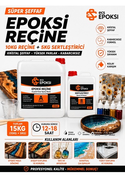 Süper Şeffaf Epoksi Reçine 15 Kg (10 Kg Reçine + 5 Kg S.ertleştirici) Kristal Döküm ve Kaplama -