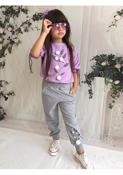 Quzucuk Kids Kız Çocuk Pamuk Figürlü Mor Eşofman Takımı Mor