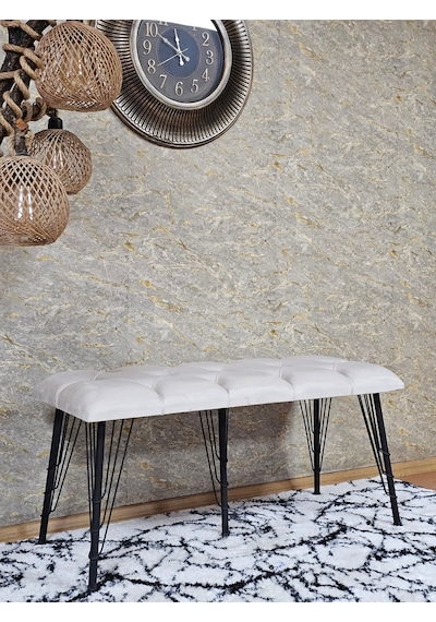 Zafir Metal Siyah Tel Ayaklı 100 Cm Puf Bench - Puf - Bench - Oturak - Mutfak Oturağı - Antre Oturağı Krem