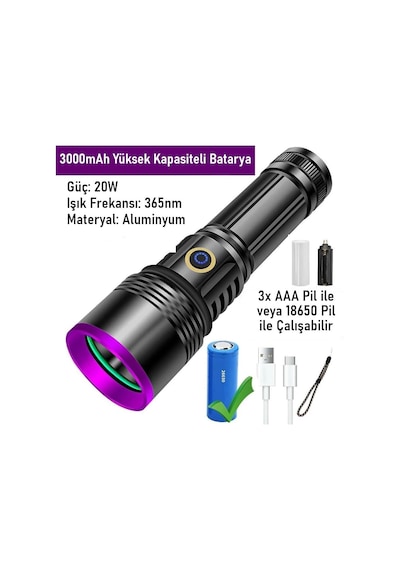 Led Uv El Feneri 20w Güç 3000mah Şarjlı Alüminyum Gövde Profesyonel Kullanım
