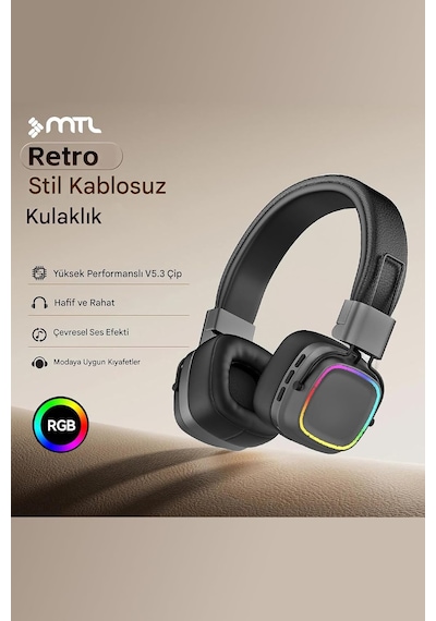 Retro Kablosuz Stereo Suni Deri Kafa Bluetooth Kulaklık Rgb Işık Extra Rahat Gürültü Azaltma Mt965 Siyah İle Uyumlu