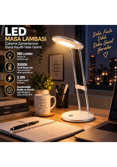 Led Masa Lambası 3.3w 180 Lumen 3000k Sıcak Beyaz Ayarlanabilir Başlıklı Çalışma Ve Ders Lambası