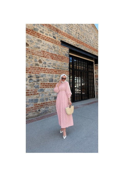 Riella Butik Sevoli Puantiyeli Tesettür Elbise Pembe