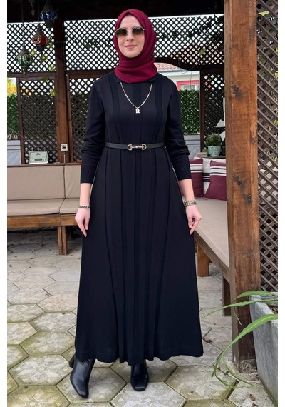 Rabia Şamlı Biricik Kemerli Triko Elbise Siyah Normal