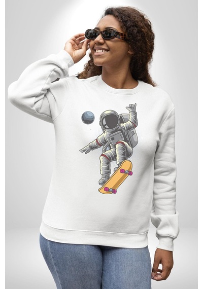 Atronot Kaykay Uzay Mars Unisex Beyaz Baskılı Sweatshirt Beyaz