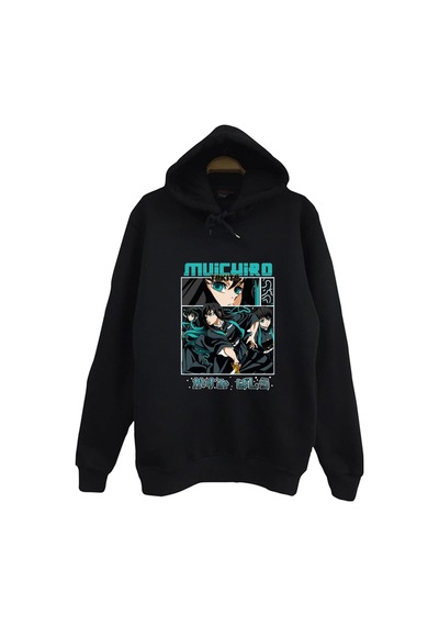 Demon Slayer Muichiro Tokito - Anime Baskılı Unisex %100 Pamuk Siyah Kapüşonlu Sweatshirt Siyah