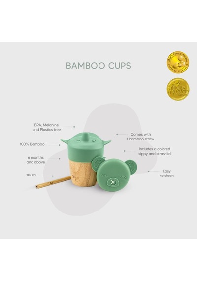 Citron 2'si 1 Arada Kapaklı ve Pipetli Organik Bambu Alıştırma Bardağı - Green 1073629