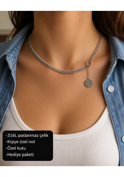 Lumessia Işıltılı Çift Sıra Taşlı Choker Kolye 316l Paslanmaz Çelik Altın - Gümüş