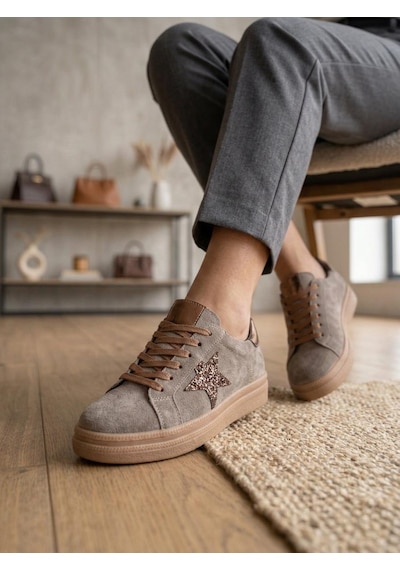 Venüs 2652451k Kadın Hakiki Süet Deri Yıldız Desen Sneaker Ayakkabı Vizon