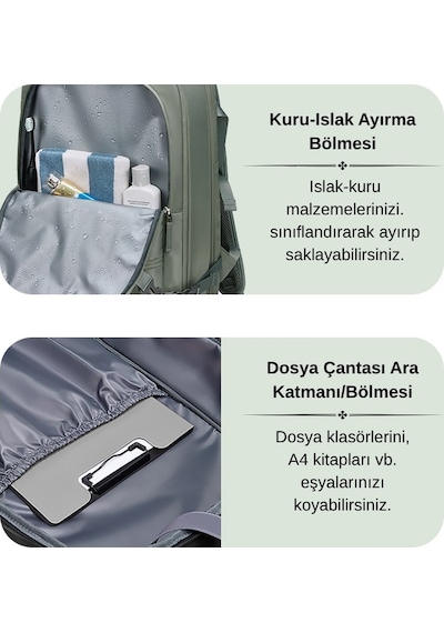Su Geçirmez 39l Seyahat Sırt Çantası - 16" İnç Laptop Bölmeli - Kuru Islak Ayırma Bölgesi - Ortopedik Yeşil
