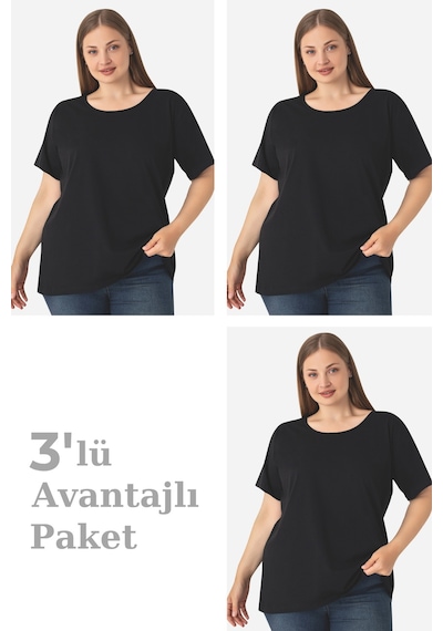 Arma Yıldız Kadın Büyük Beden Pamuklu Basic Kısa Kollu Bisiklet Yaka Tişört Siyah 3'lü Paket