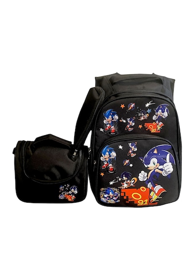 Sonic Desenli Siyah 3 Lü Erkek Çocuk İlkokul Okul Çantası + Termal Beslenme Çantası + Kalemlik