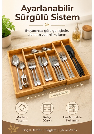Bambu Kaşıklık Ayarlanabilir Çekmece İçi Çatal Kaşık Bıçak Düzenleyici Organizer 30-43x35 Cm Kahverengi