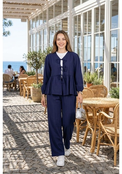 Hb Harma Time Butik Kadın Bağlamalı Çilek Kumaş Lacivert Tunik Pantolon İkili Takım